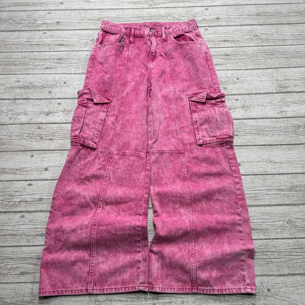 Old Navy Cargo Jeans Womens 16 Pink Acid Wash High Rise Wide Leg Denim Baggy Fit